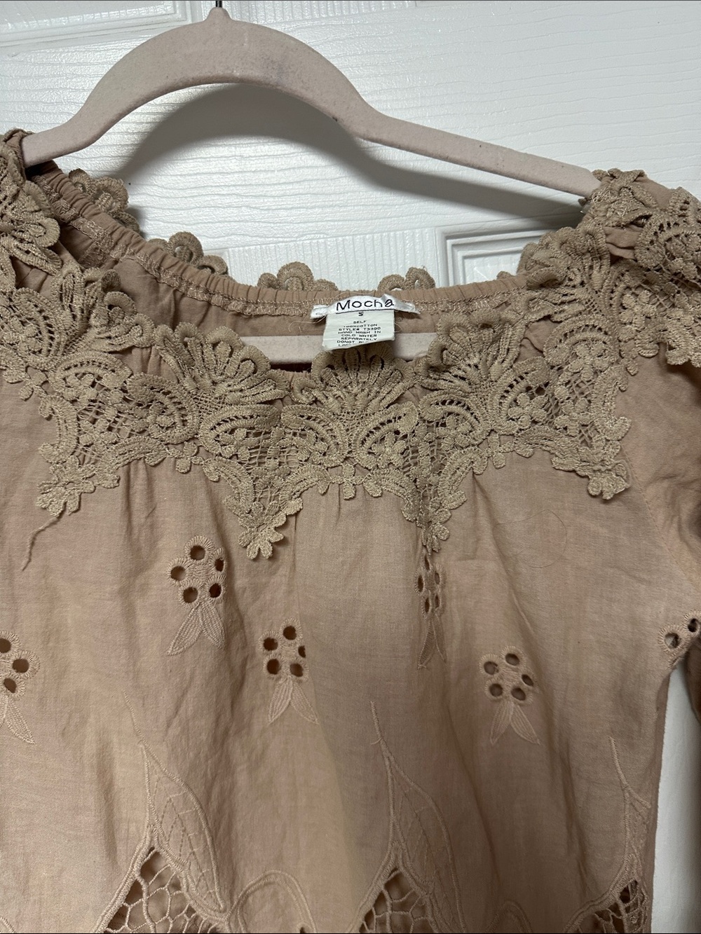 Women's Taupe Lace Crochet Yoke Blouse